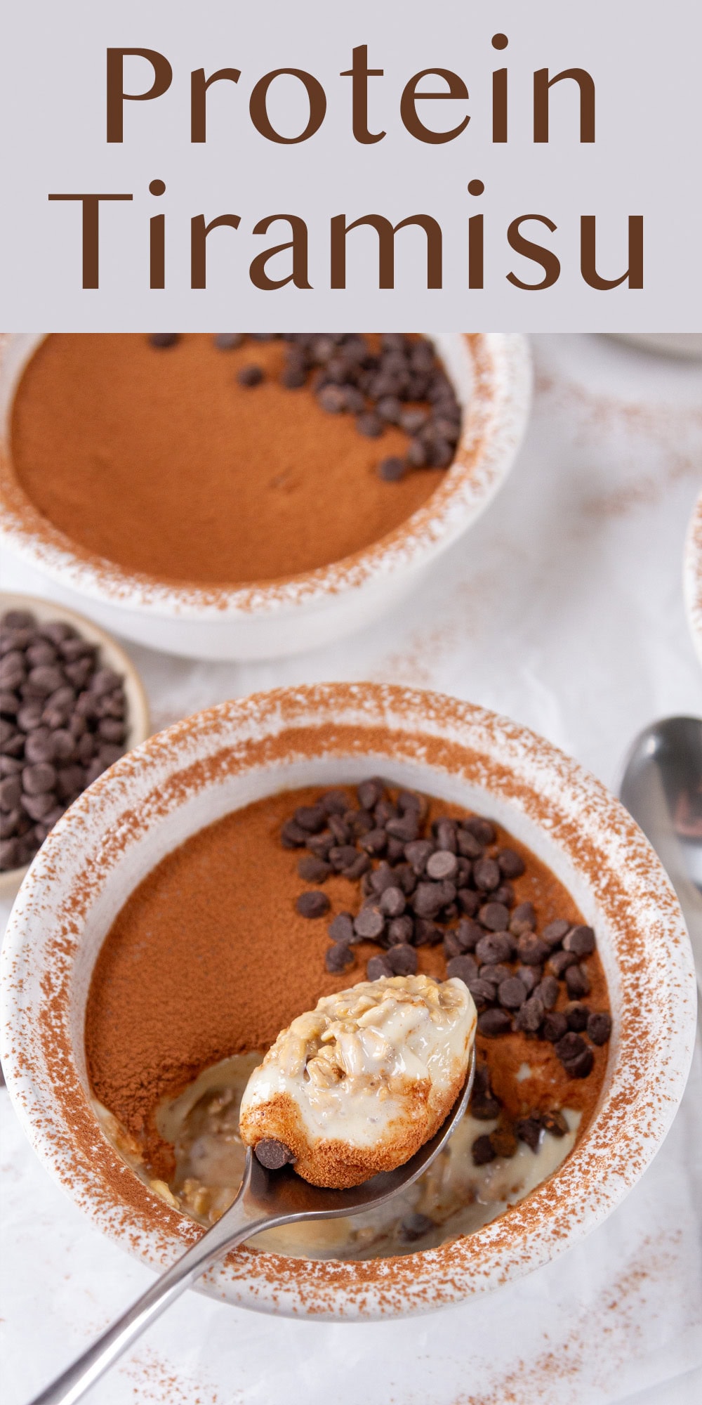 a spoonful of nontraditional tiramisu on top of the ramekin of the dessert.