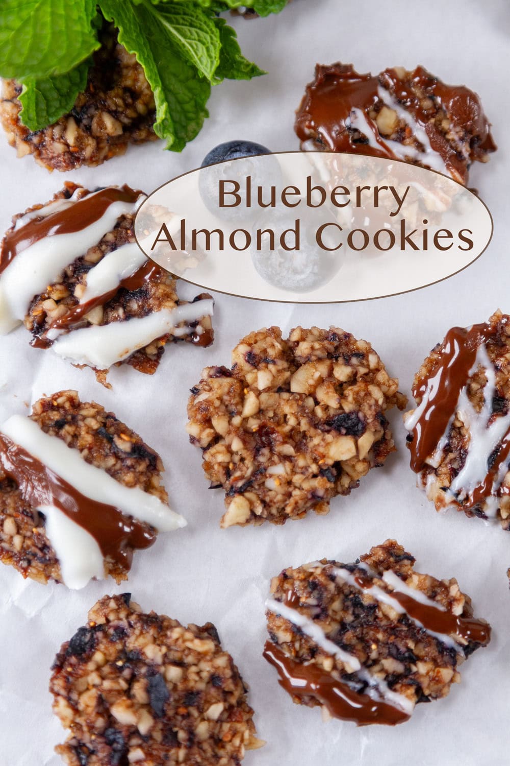 blueberry almond cookies some drizzled with chocolate and a sprig of mint on white parchment paper.