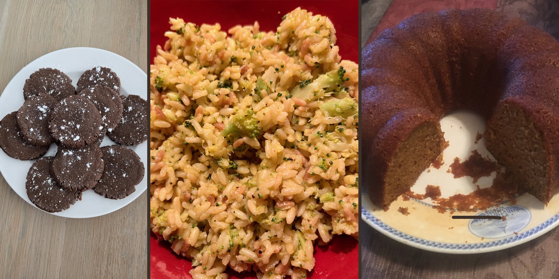 cookies, rice, and a cake.