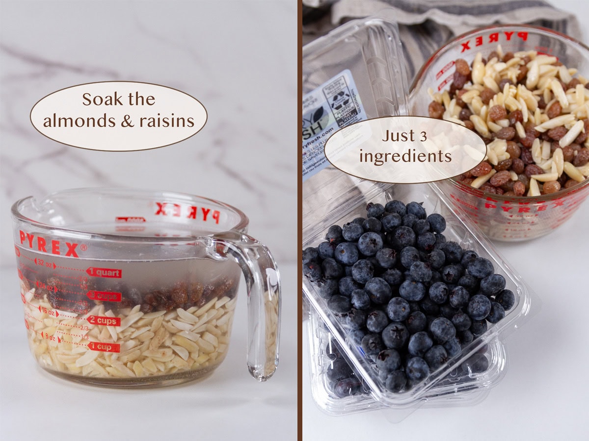 soaking almonds and raisins in water on left, soaked nuts and fruits with blueberries on right.