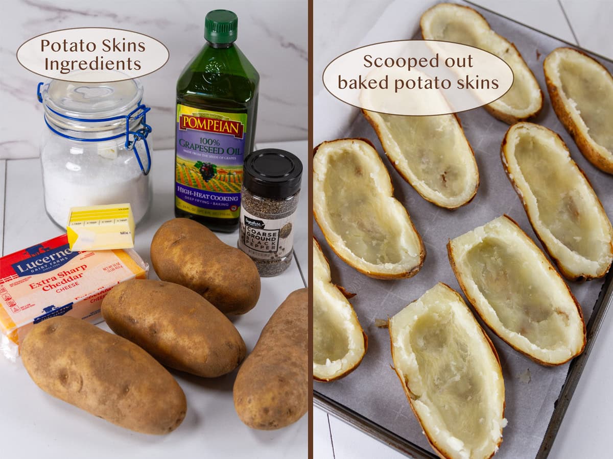 ingredients for the potato skins on left and hollowing out baked potatoes on right.