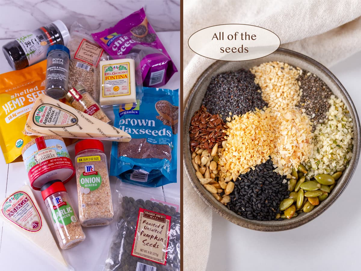 ingredients on the left and seeds in a bowl on the right.