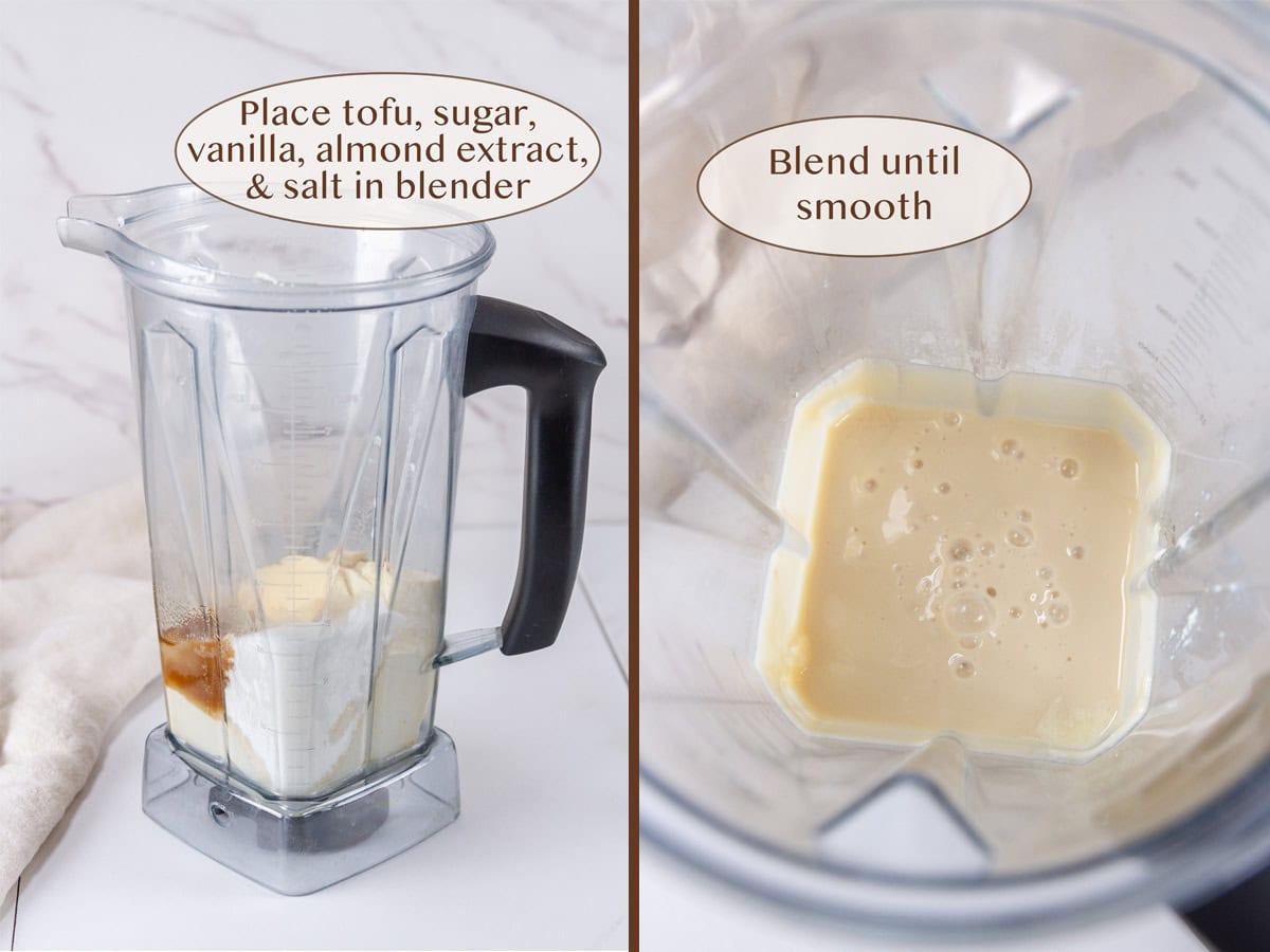 ingredients in a blender on left and after being blended on right.