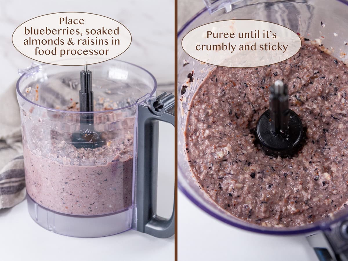 fruits and nuts pureed in a food processor from two different angles.