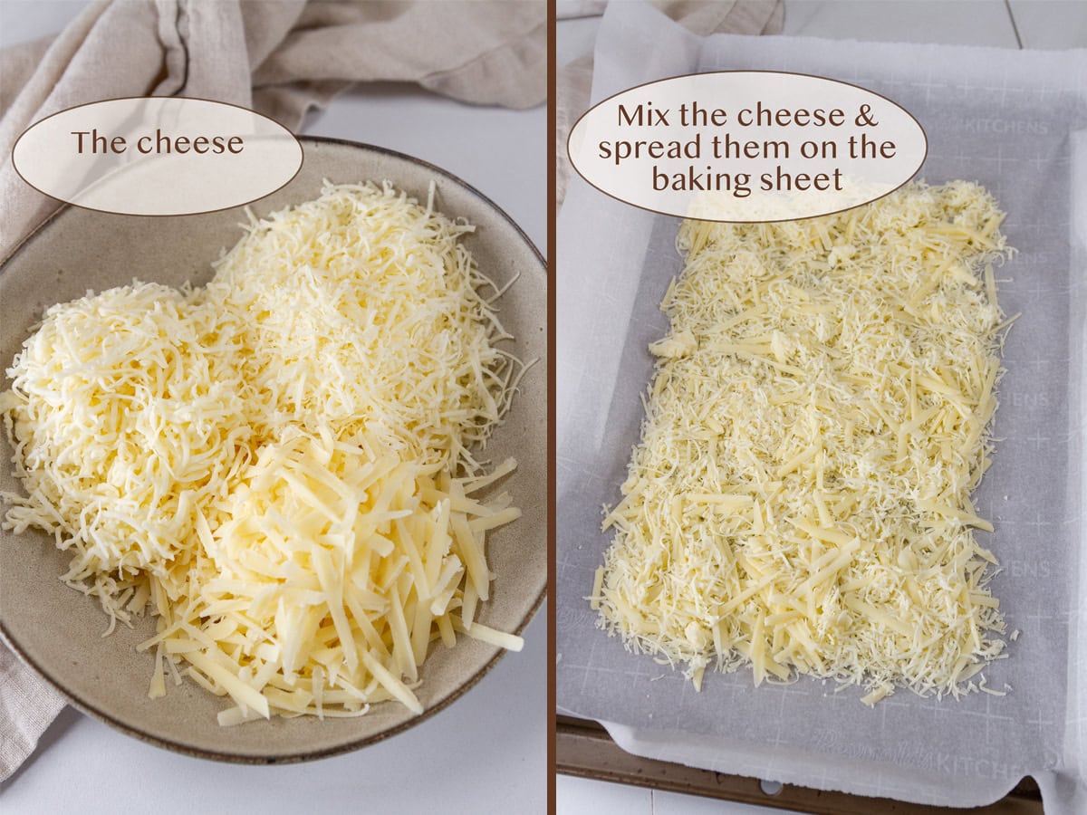 shredded cheeses in a bowl on left and spread in a pan on right.