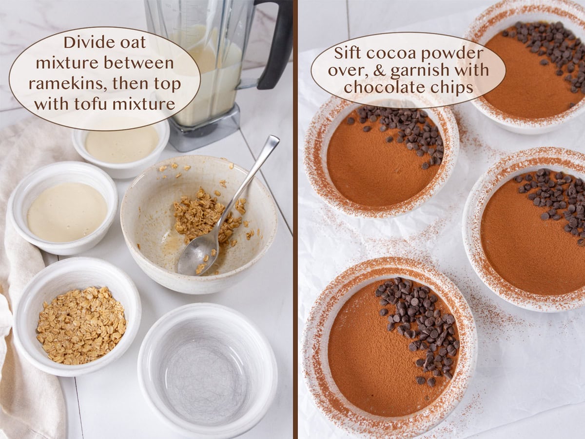 making the layered tiramisu on left and covered with cocoa powder and chocolate chips on right.