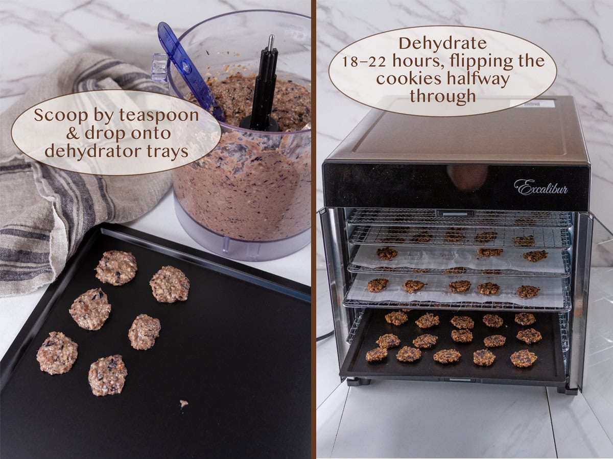 scooping the batter into cookies on a tray on left and placing the trays in the dehydrator on right.