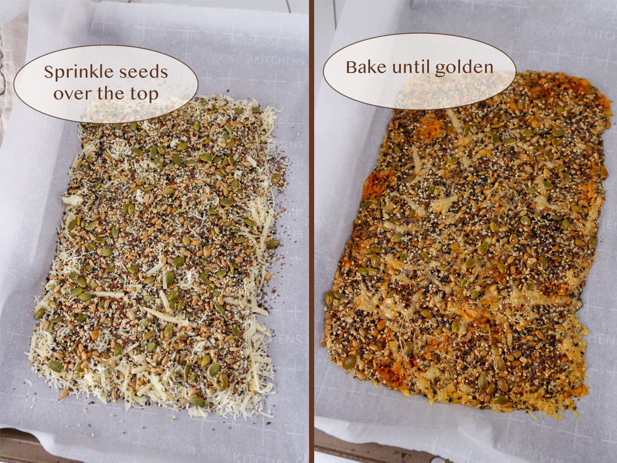 added seeds to the pan, and the cracker after baking.