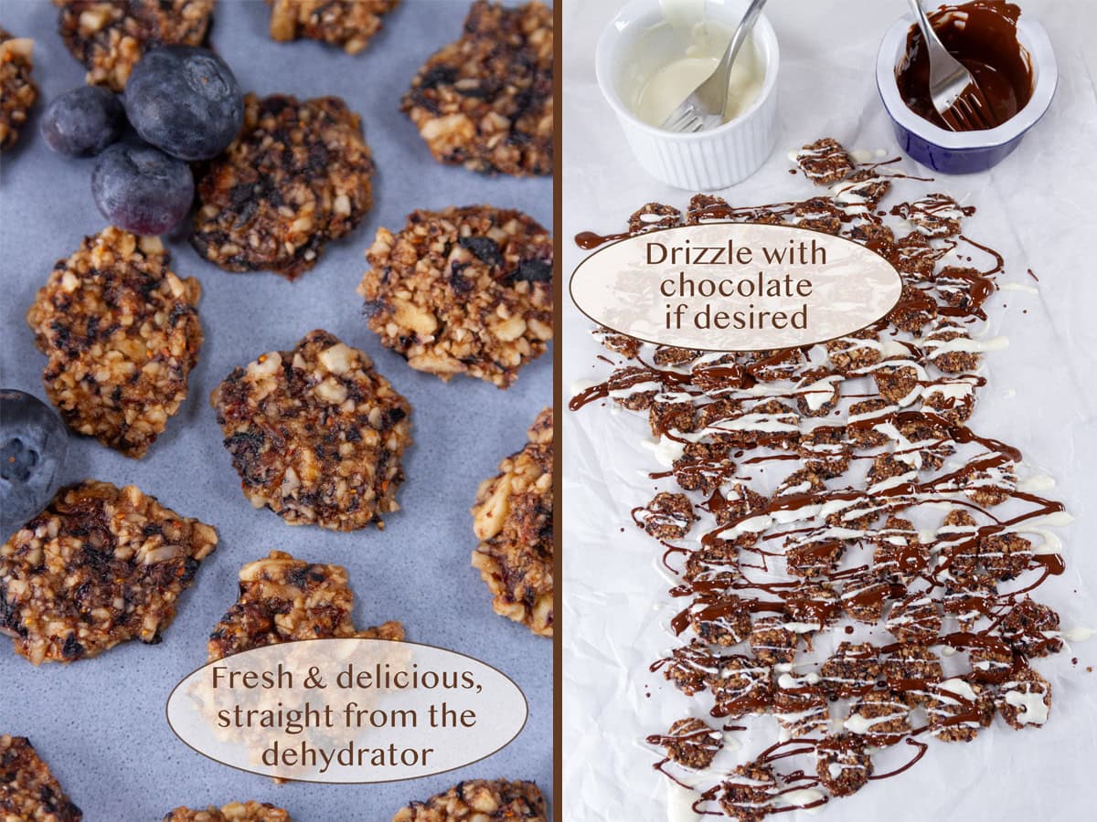 finished cookies on a blue plate on left and being drizzled with chocolate on right.