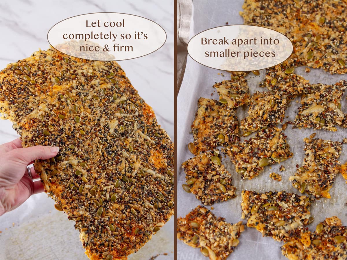 a hand holding the whole cracker and broken it up into pieces.