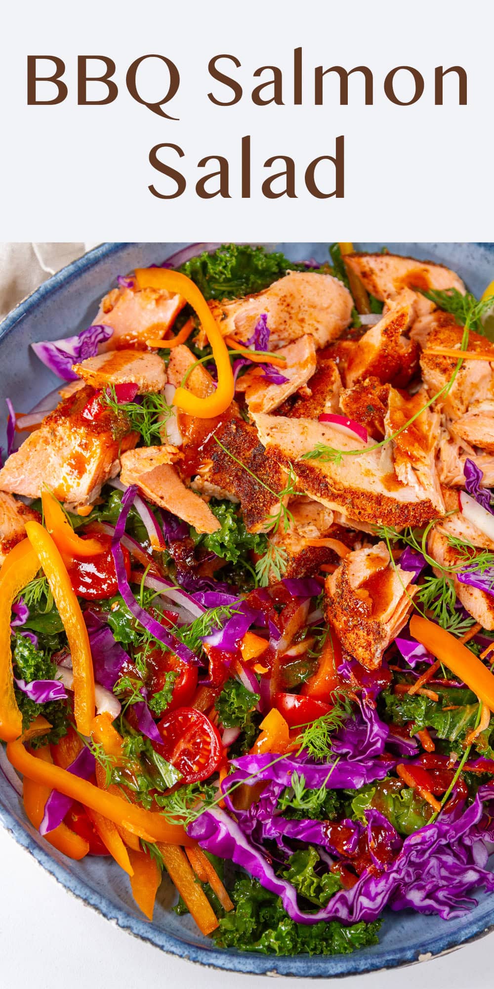 Close up on the BBQ Salmon Salad in a big blue bowl.