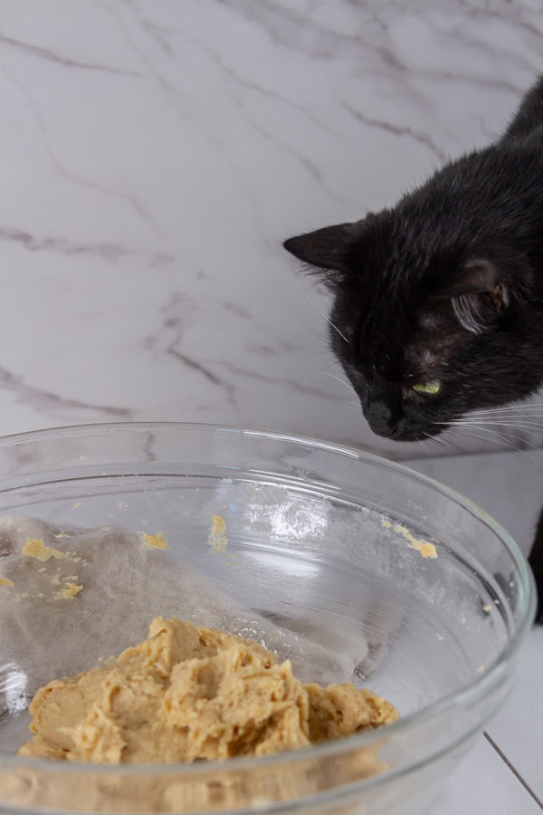 a black cat looking at a large bowl of cookie dough.