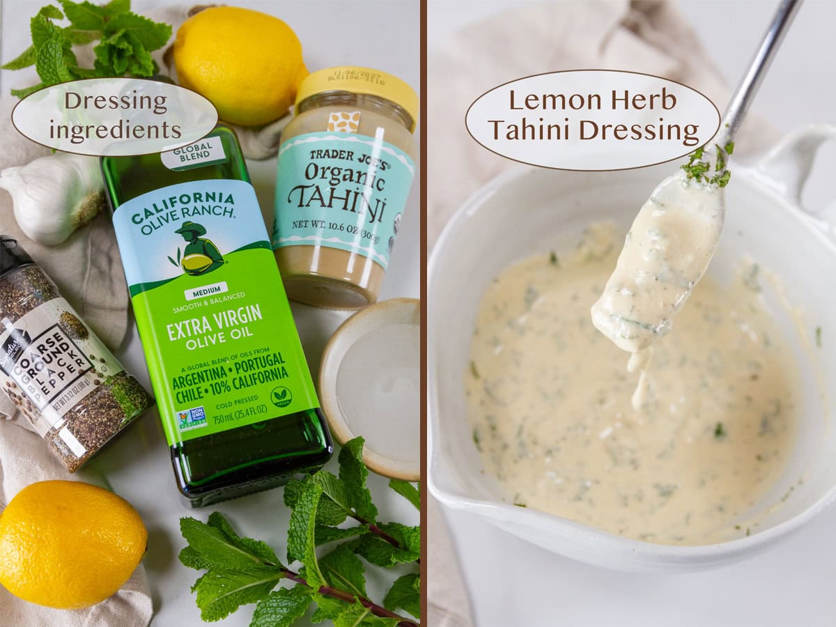 dressing ingredients on left and dressing with a fork covered in dressing on right.