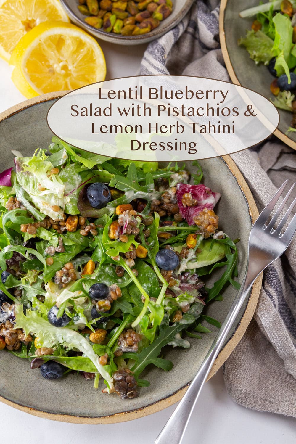 Lentil Blueberry Salad with Pistachios in a bowl with a fork and lemon slices in the background.