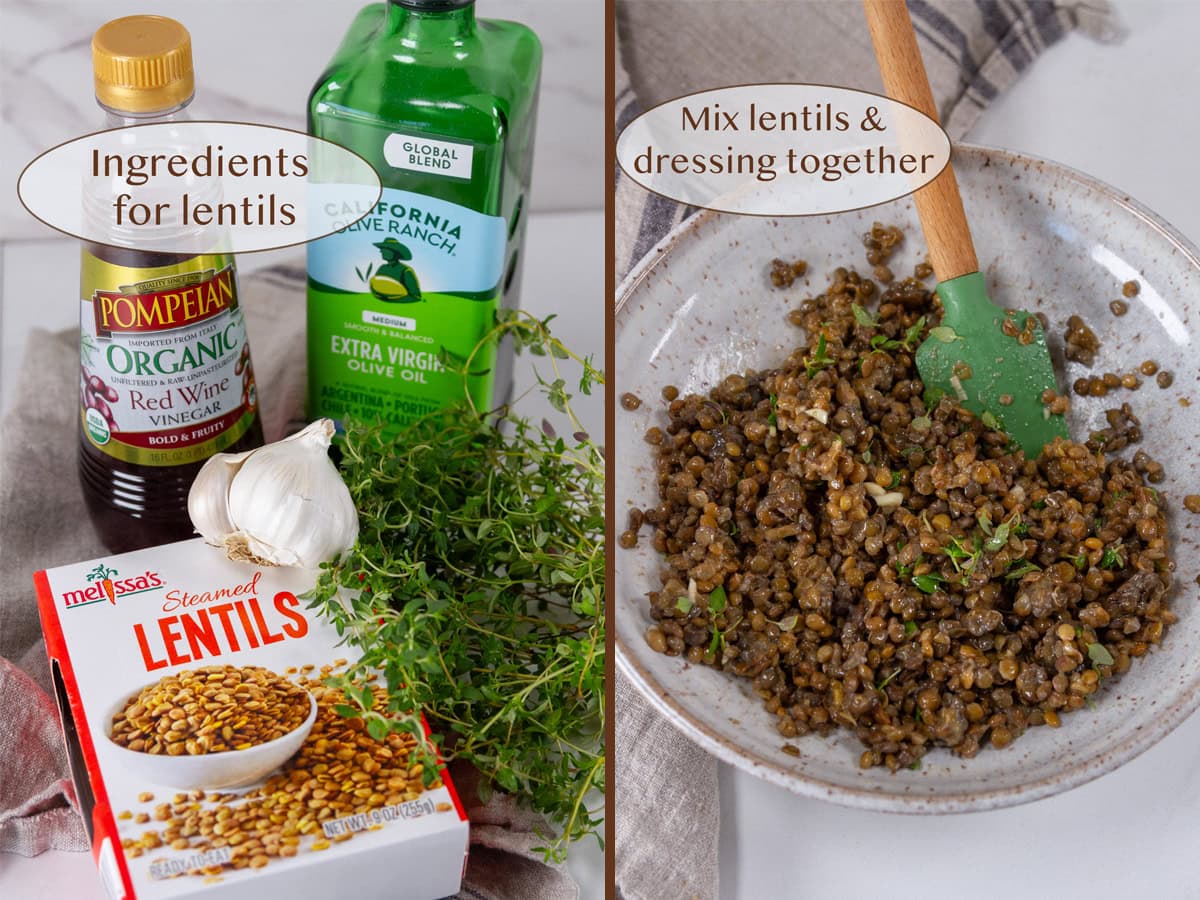 ingredients for lentils on left and the lentil mixture on right.