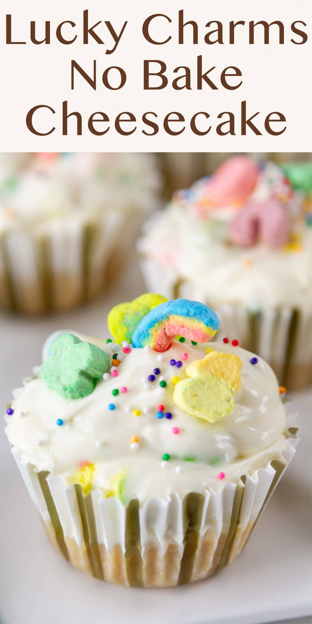 some Lucky Charms cheesecakes on a white plate.