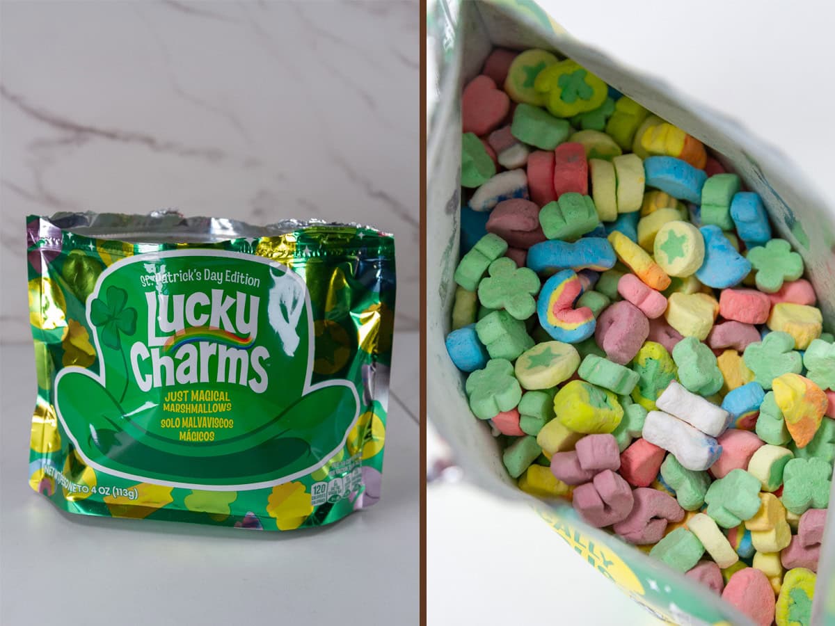 a bag of lucky charms marshmallows on left and looking in at the marshmallows on right.