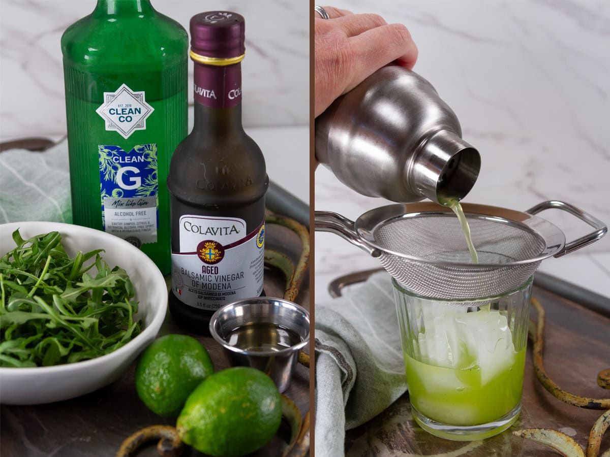 ingredients for this recipe on left and straining the drink on right.