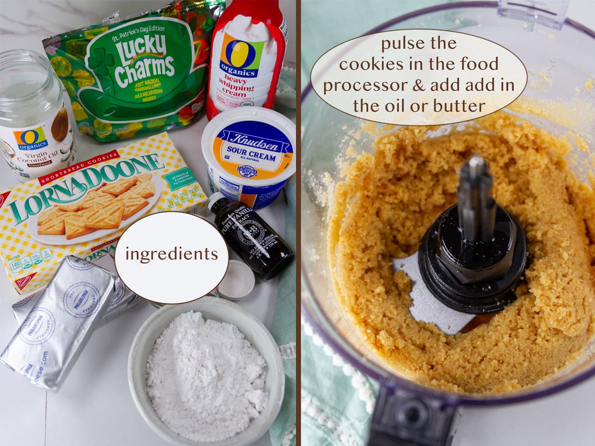 ingredients on left and cookies crumbs in a food processor on right.