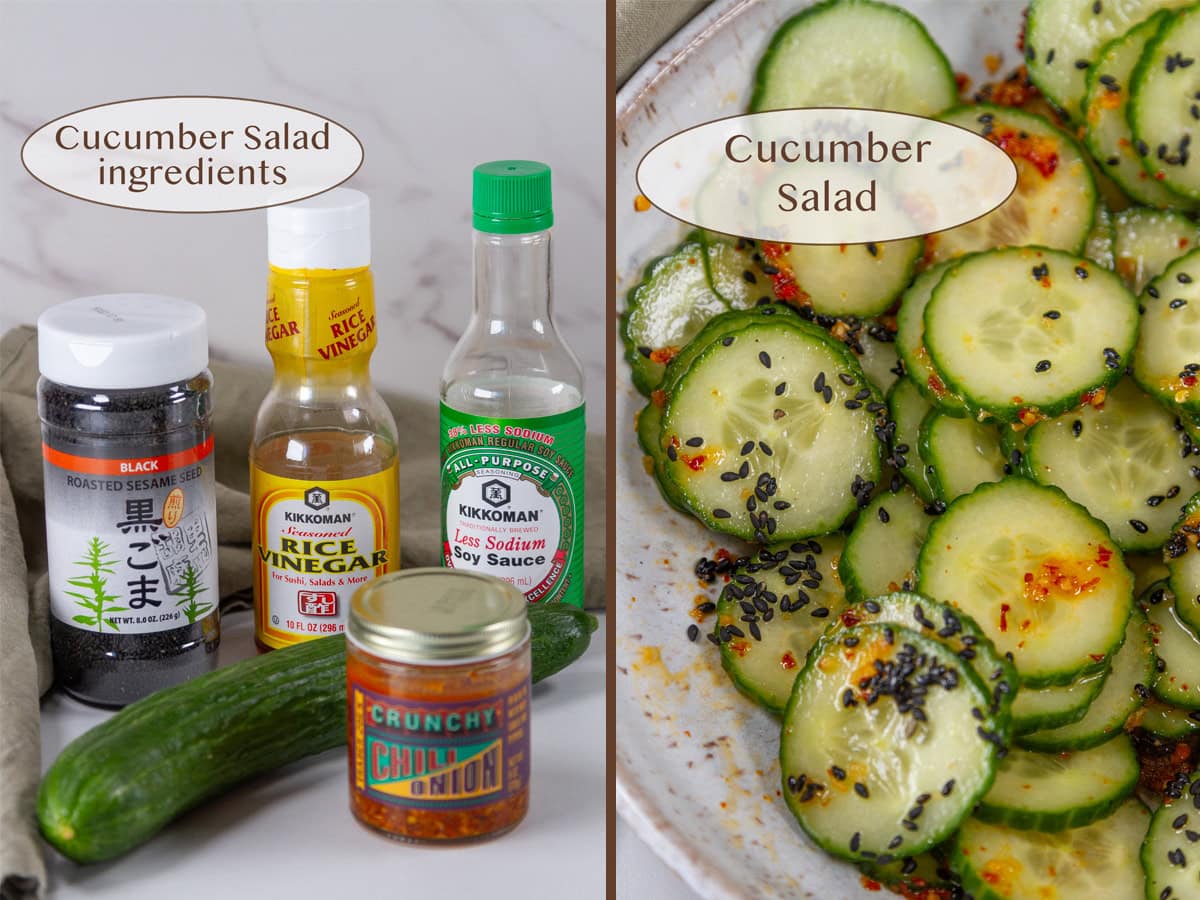 ingredients for cucumber salad on left and the salad on the right.