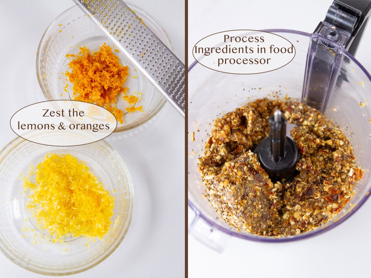 lemon and orange zest on the left and ingredients blended in a food processor on right.