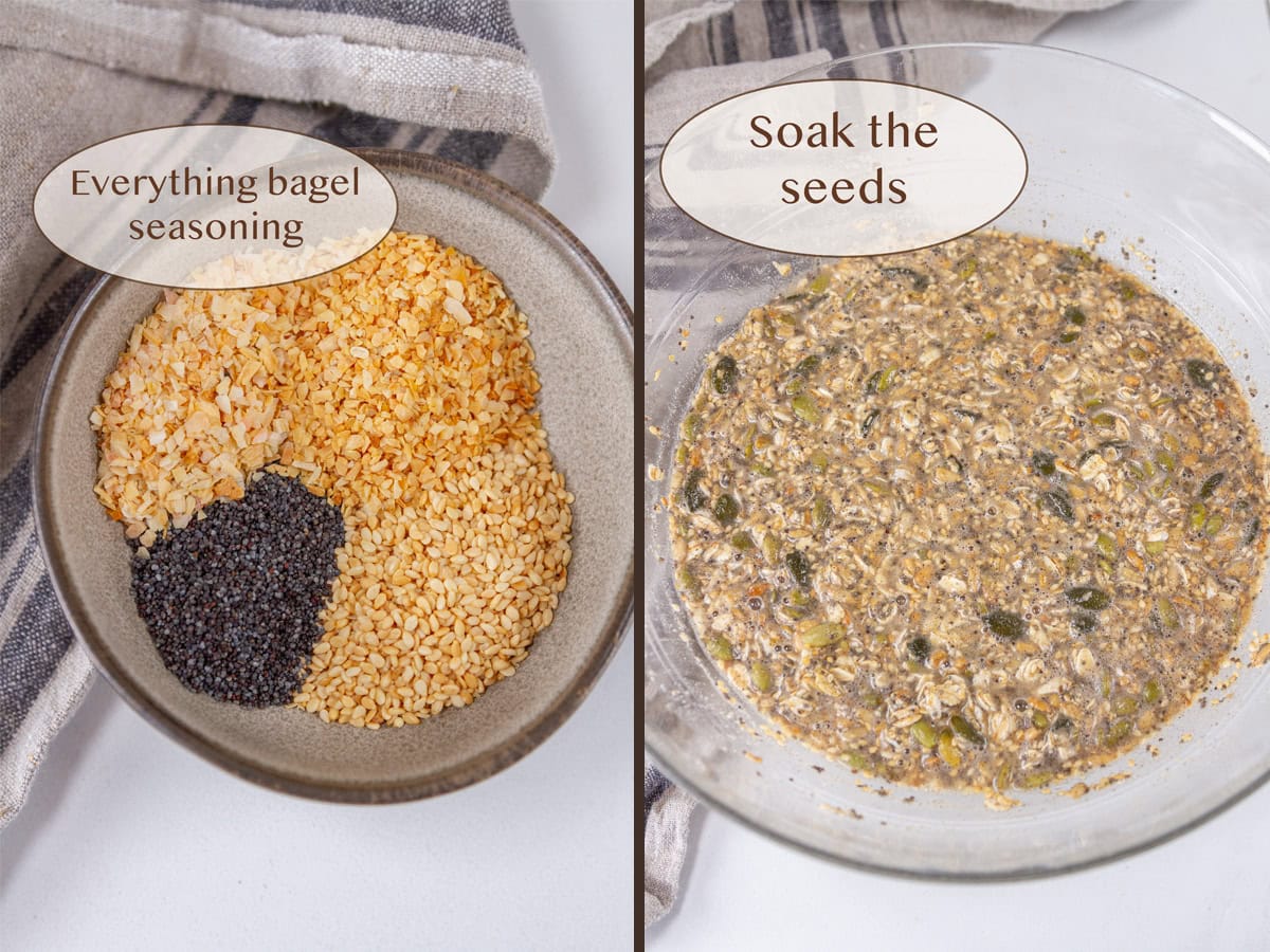 everything bagel seasoning on left and soaking seeds in water on right.