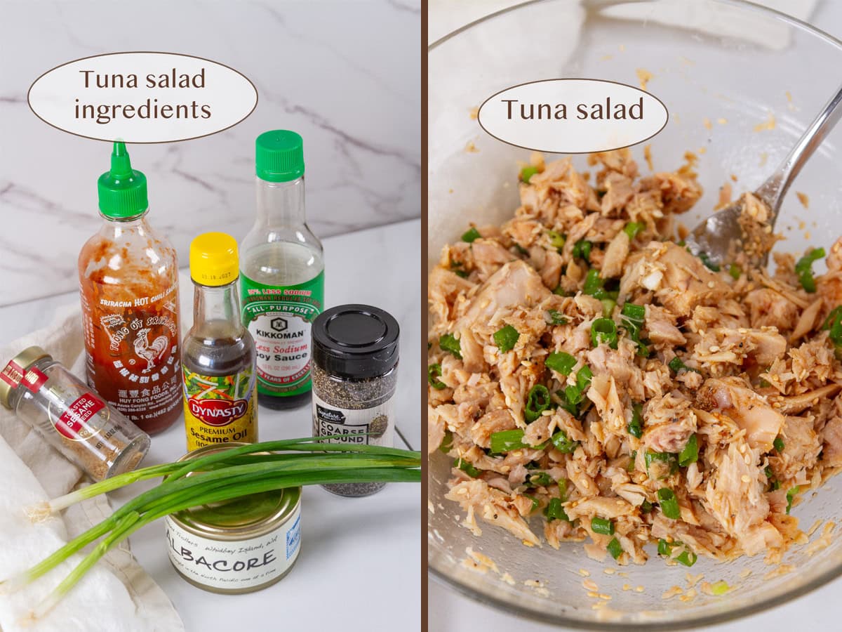 ingredients for tuna salad on left and the salad on the right.
