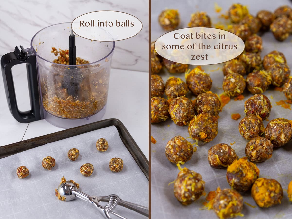 scooping energy bites on left and coating in citrus zest on right.