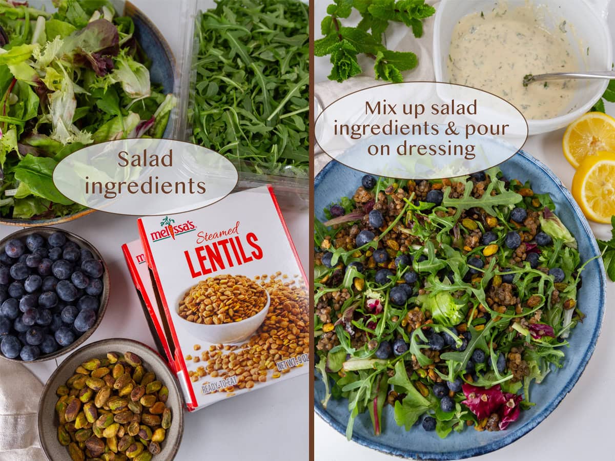 salad ingredients on left and the salad and dressing on right.