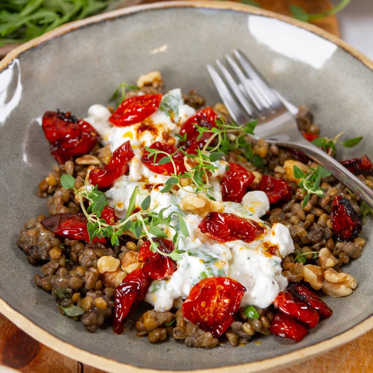 square crop of a bowl with lentils, cottage cheese, and tomatoes in it.