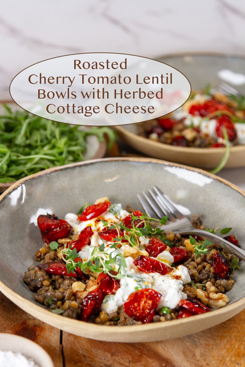 two bowls filled with lentils, cottage cheese, and cherry tomatoes.