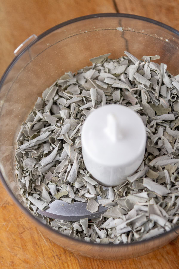 sage leaves in a food processor.