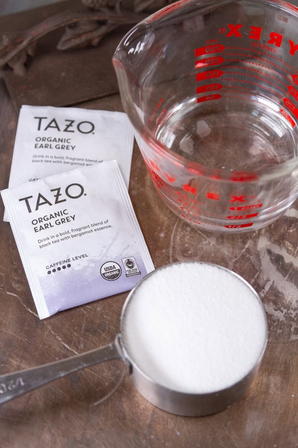 tea bags, sugar, and water.
