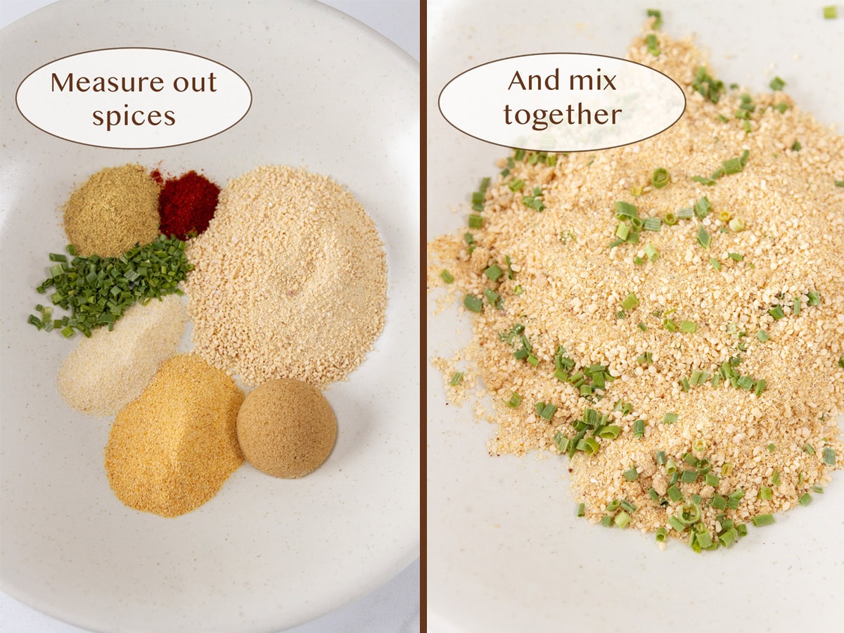 spices on left and all mixed together on right.