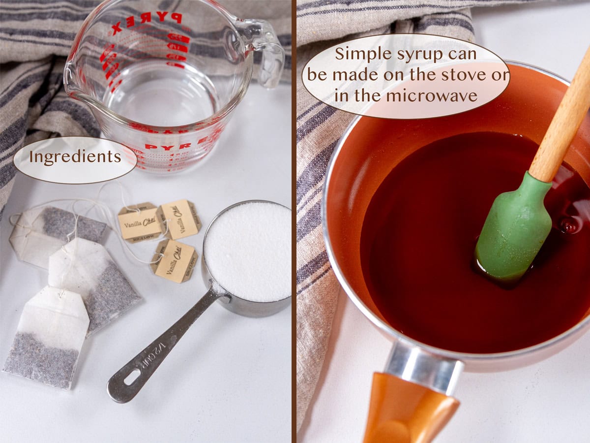 ingredients on left and syrup in a pan on right.