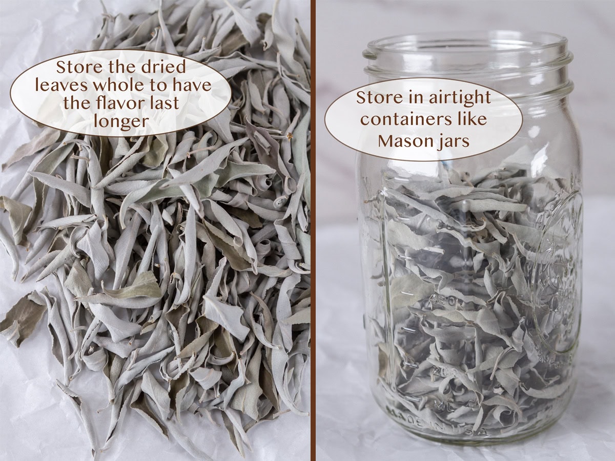 dried sage leaves on left and in a mason jar on right.