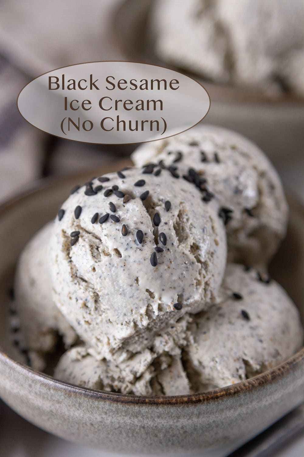 a bowl of Black Sesame Ice Cream garnished with whole Black Sesames.