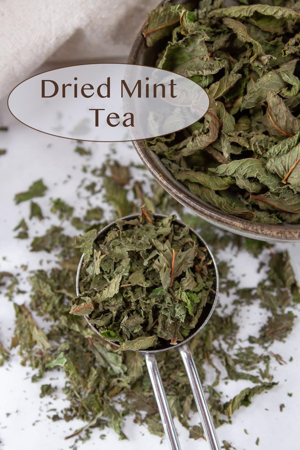 crushed dried mint in a measuring spoon next to a small bowl of mint leaves.