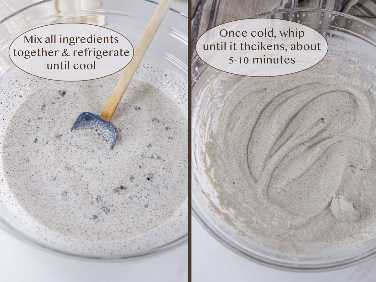 mixing the ingredients in a bowl on left and whipped together on right.