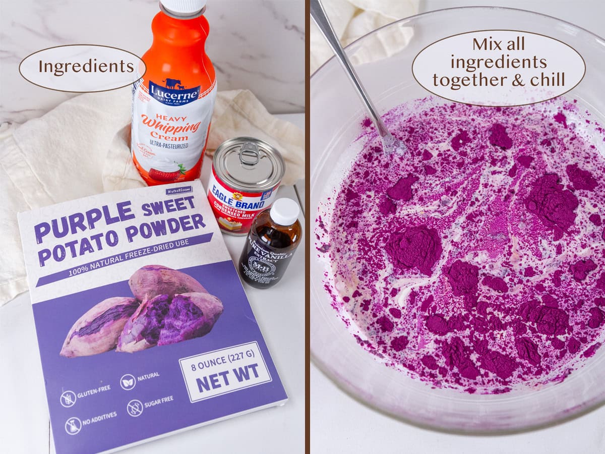 ingredients on left and all added to a mixing bowl on right.