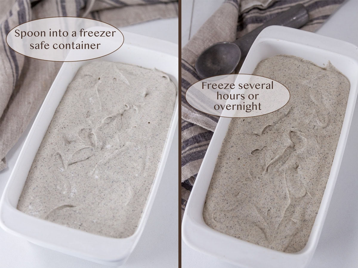 mixture in a loaf pan on left and after being frozen on right.