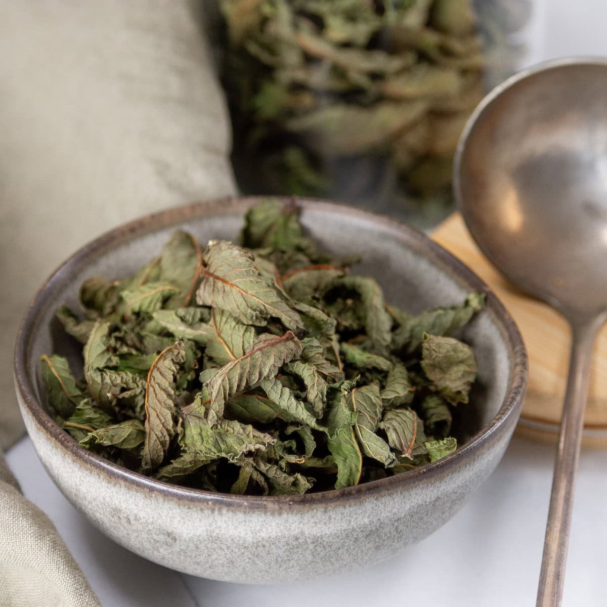 square crop of a grey bowl filled with dried mint and a silver spoon to the right.