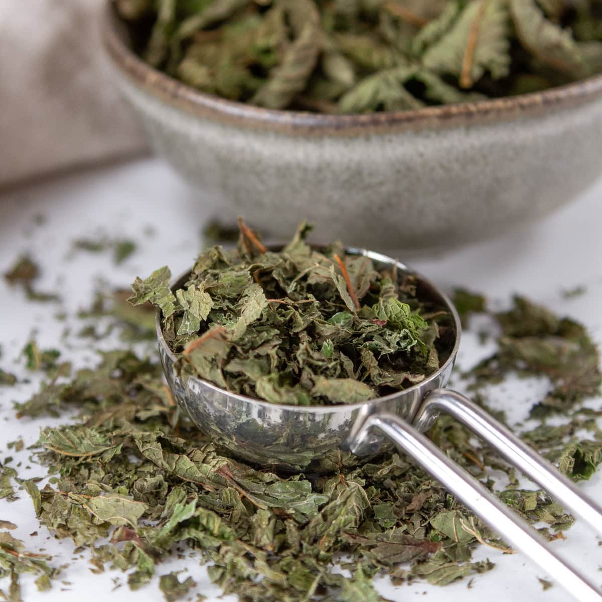 square crop of a measuring spoon filled with dried crushed mint.