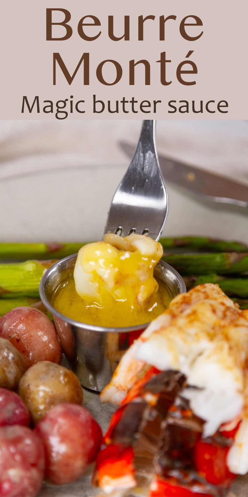 dipping a piece of lobster into Beurre mont&eacute; butter sauce next to potatoes and lobster.