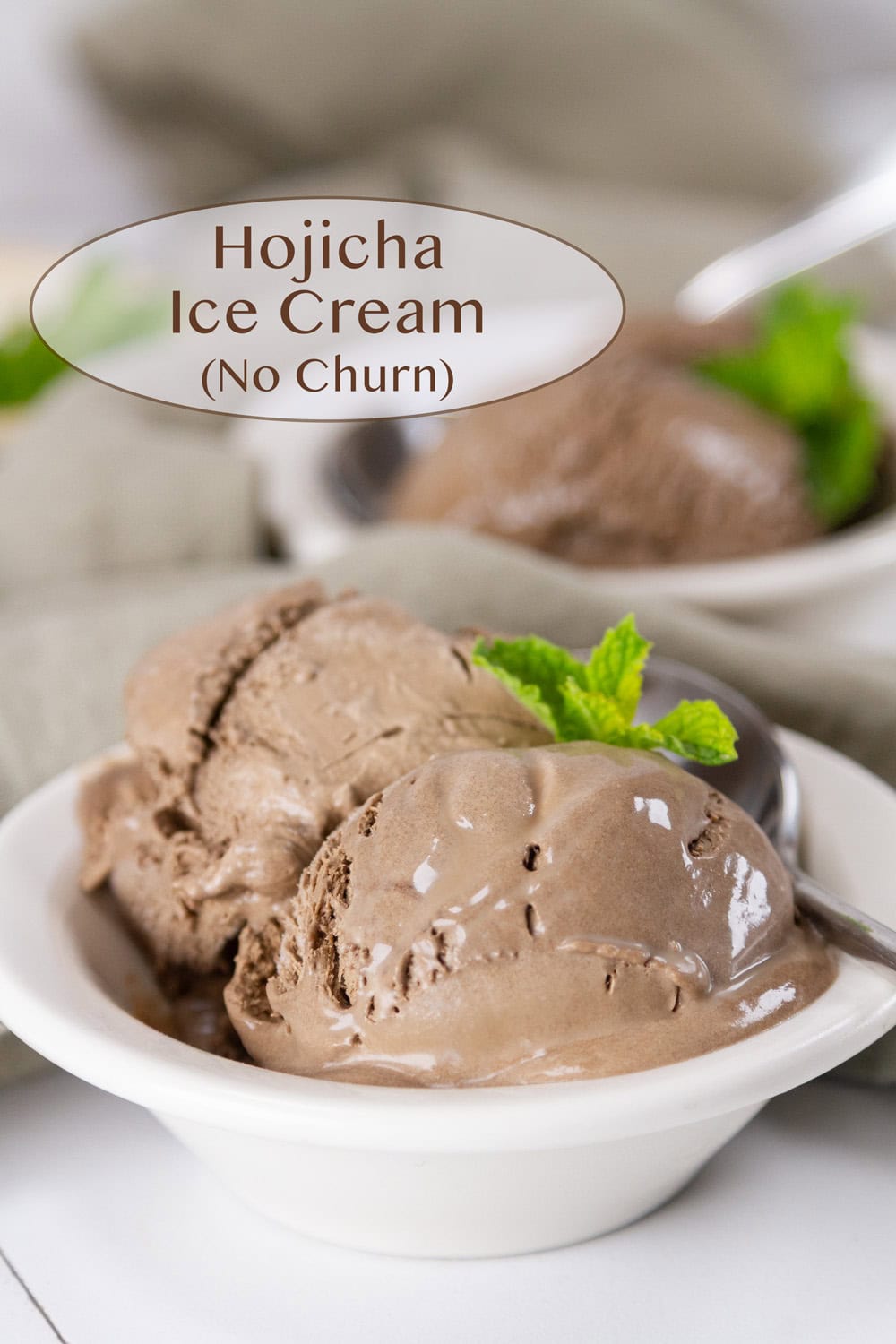 two dishes of hojicha ice cream garnished with mint sprigs.