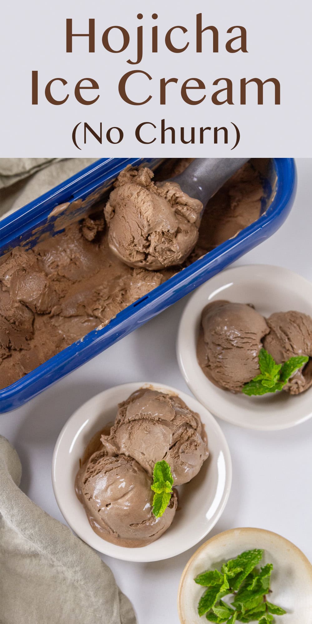 looking down on two dishes of ice cream next to the ice cream container.