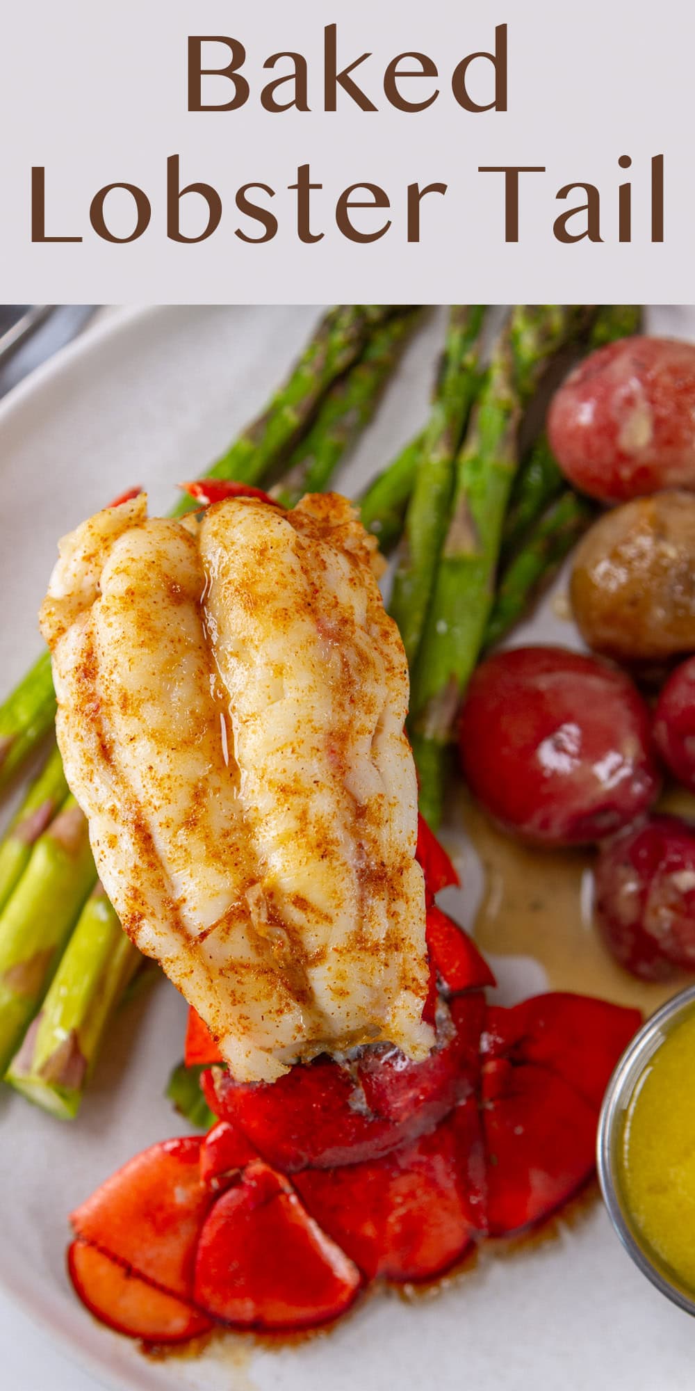 looking down on a plate with lobster, asparagus, and potatoes on it.