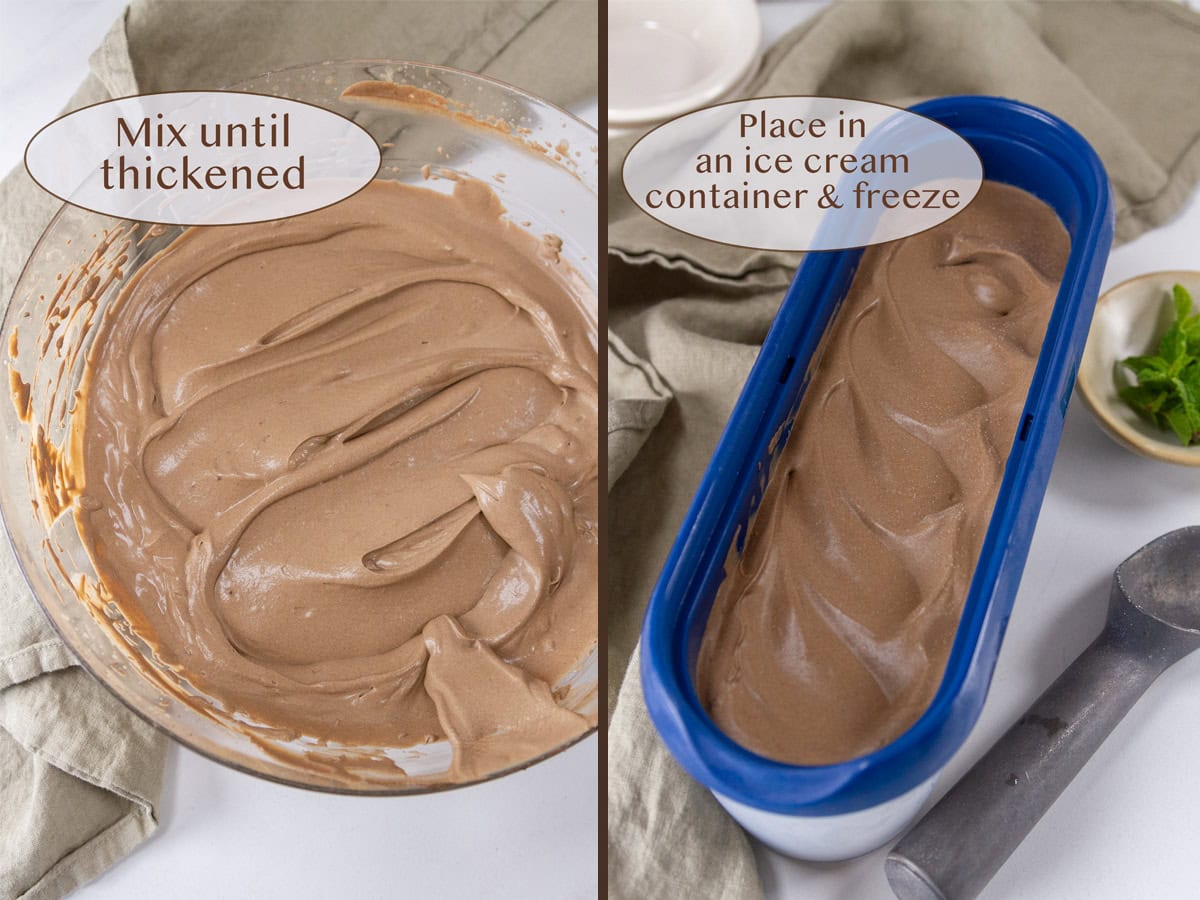 whipped ice cream base in a bowl on left and frozen in the ice cream container on right.