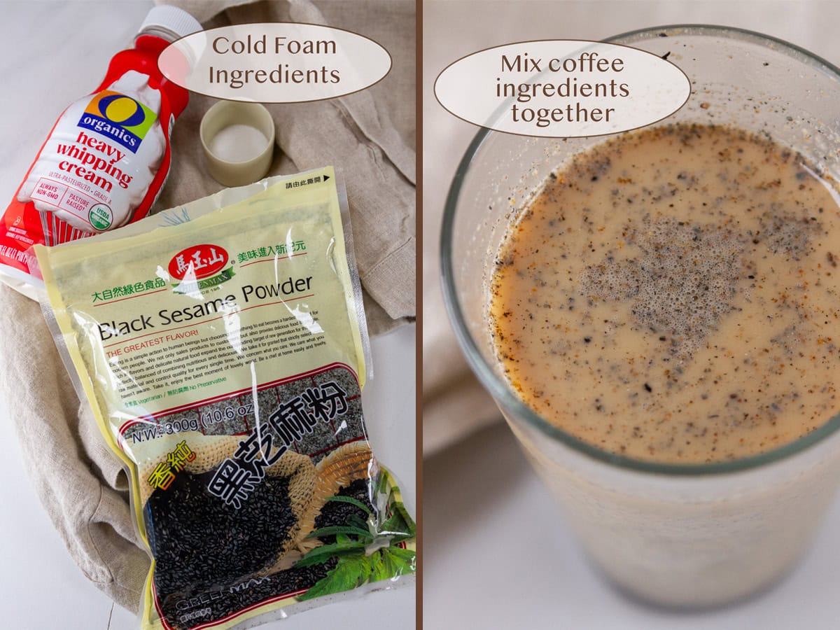 ingredients to make black sesame latte on left and the latte on right.