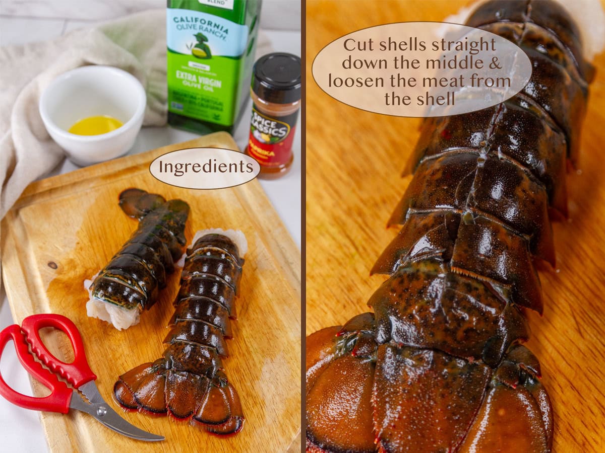 ingredients on left and a lobster tail with the shell cut down the middle.